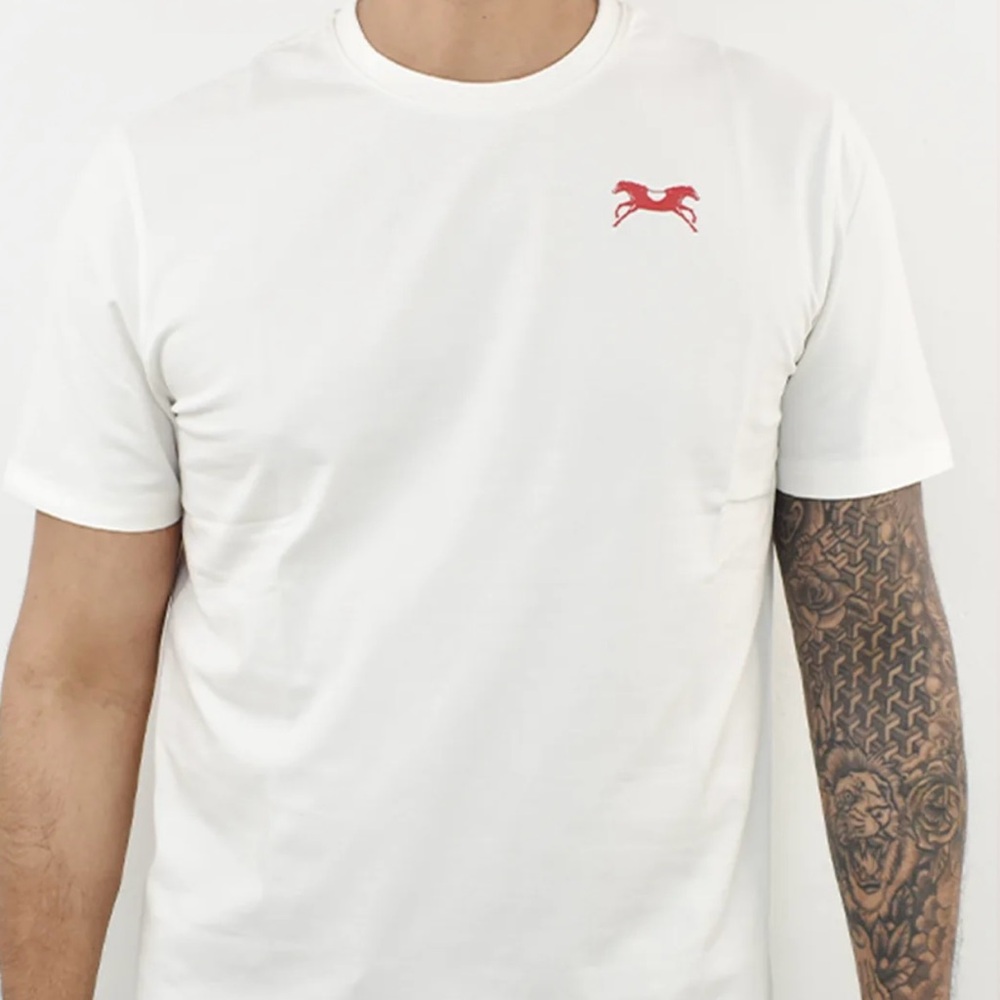 Bloomfield White Short Sleeve Tee with Red Logo